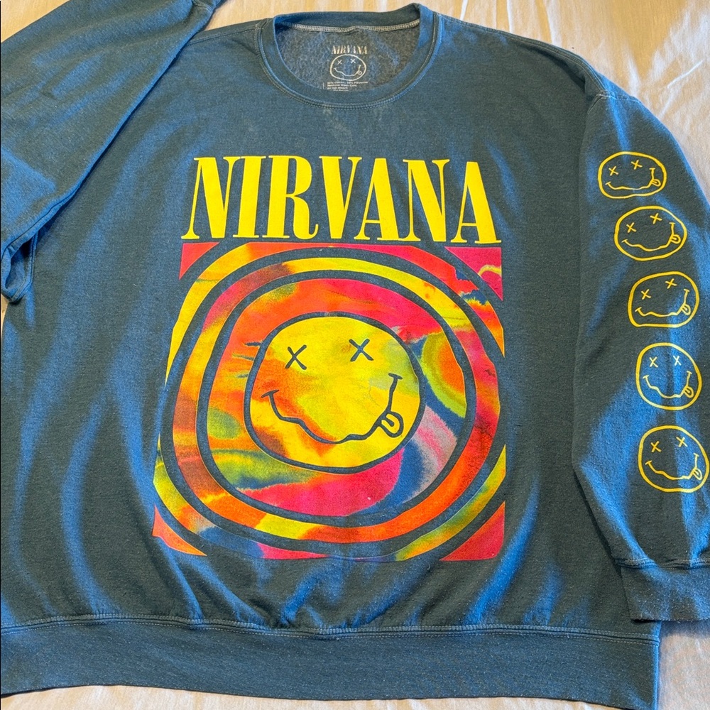 NIRVANA Sweatshirt with Yellow Logo and Multicolor Tie-Dye Smiley , Boxy M , $16